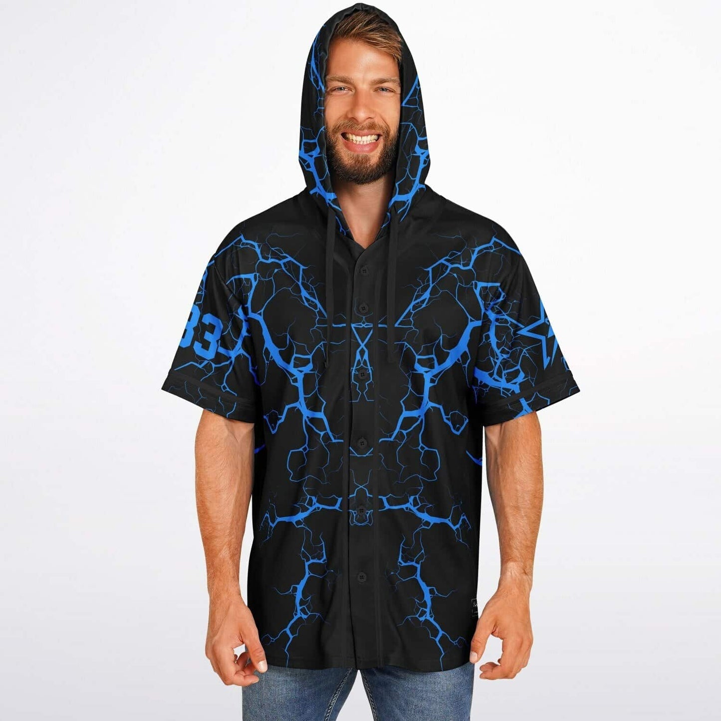 Black Blue Lightning Rave Hooded Baseball Jersey