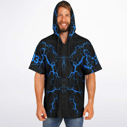 Black Blue Lightning Rave Hooded Baseball Jersey