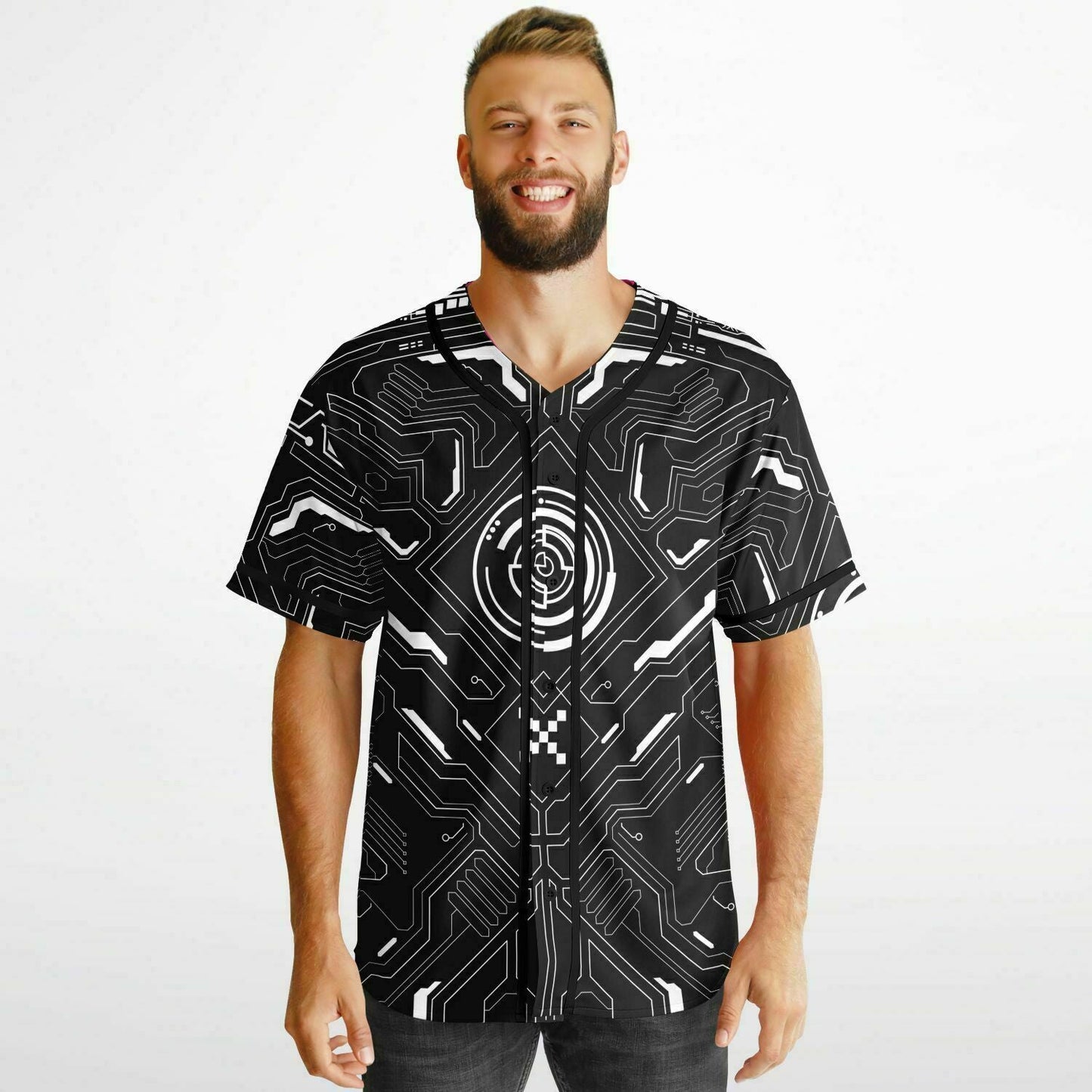 Black & Pink Cyberpunk Circuit Reversible Baseball Jersey