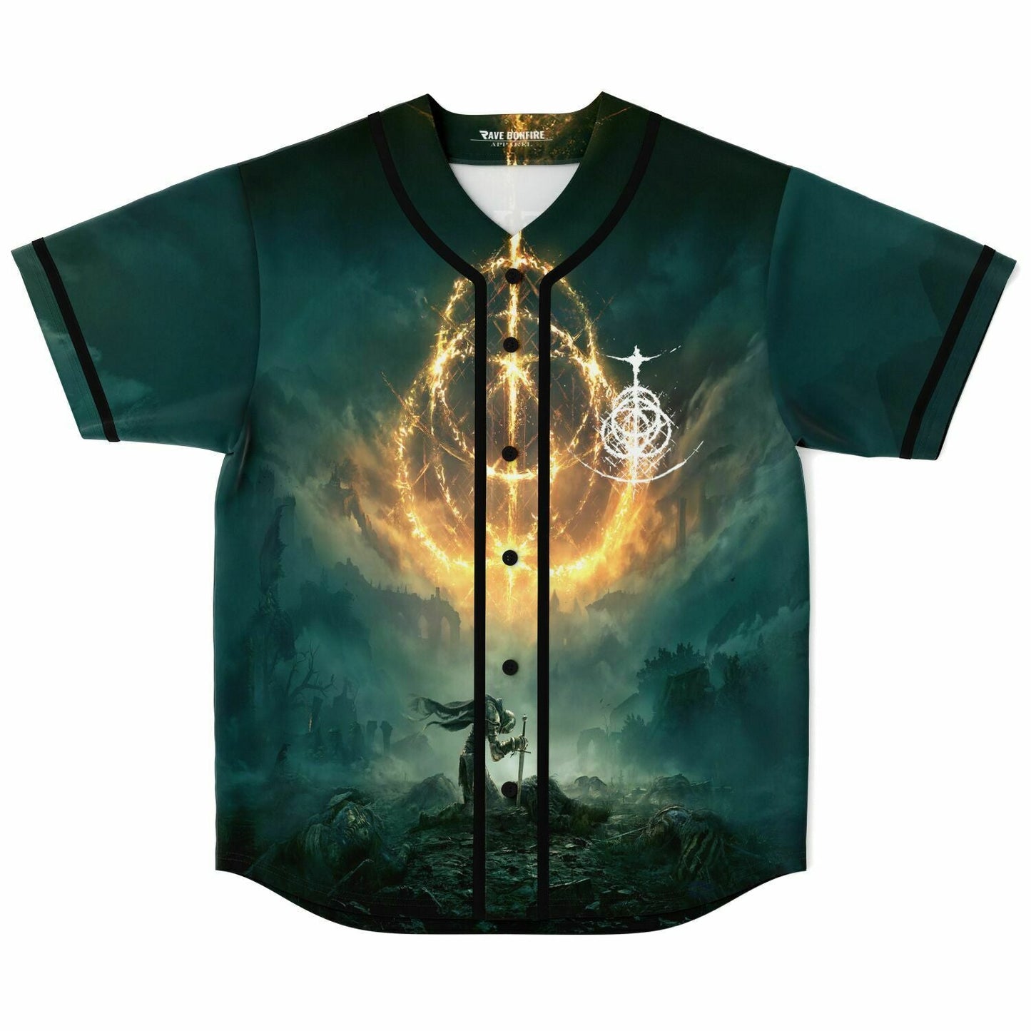 Dark Teal Fiery Golden Rave Baseball Jersey