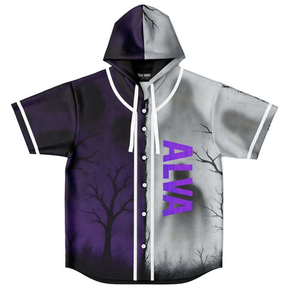 Split Black Spooky Bare Rave Hooded Baseball Jersey