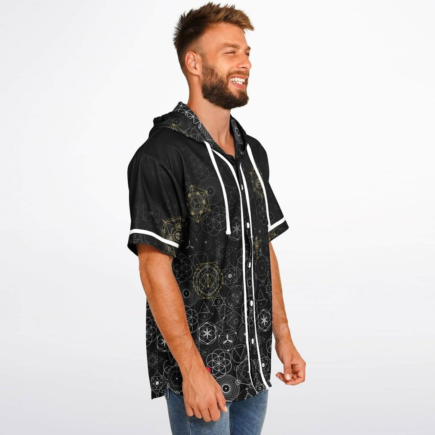Black Sacred Geometry Rave Hooded Baseball Jersey