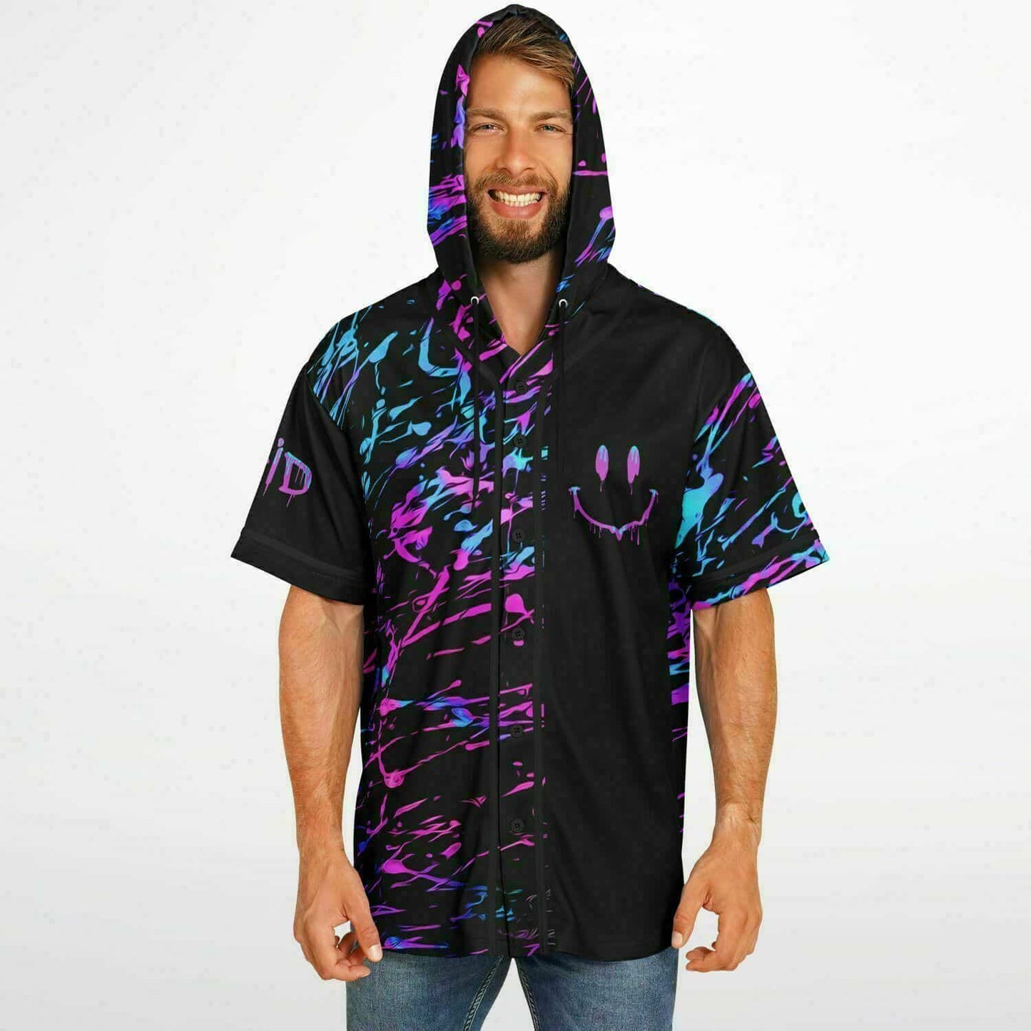 Black Abstract Neon Rave Hooded Baseball Jersey