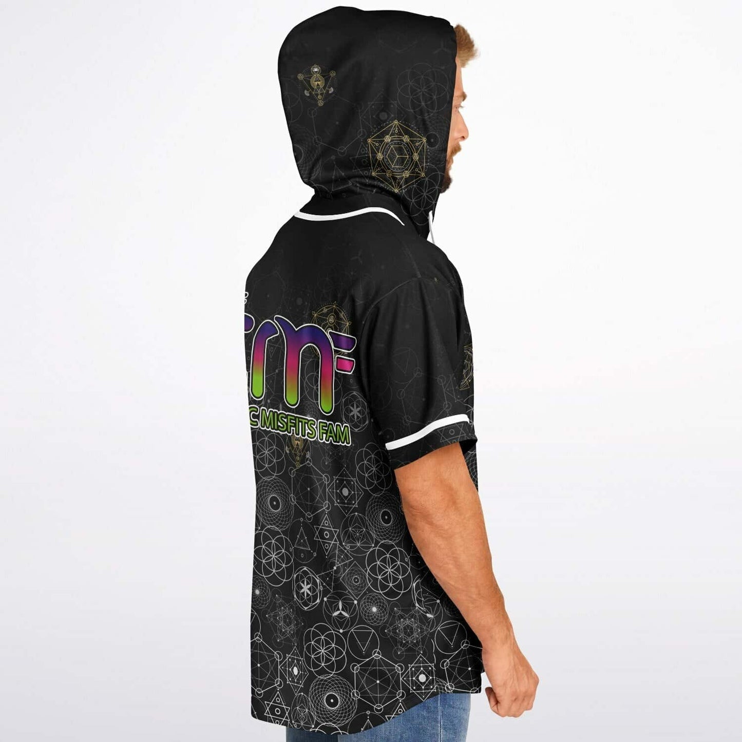 Black Sacred Geometry Rave Hooded Baseball Jersey