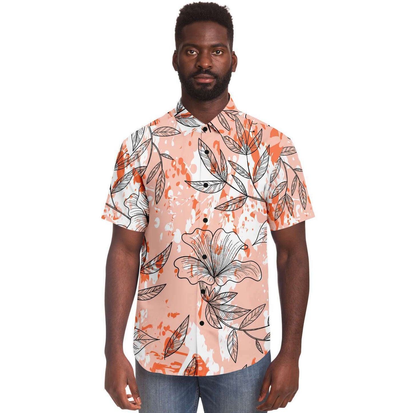 Orangy flowers short sleeve button down shirt
