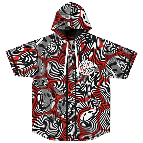 Red Psychedelic Swirled Rave Hooded Baseball Jersey