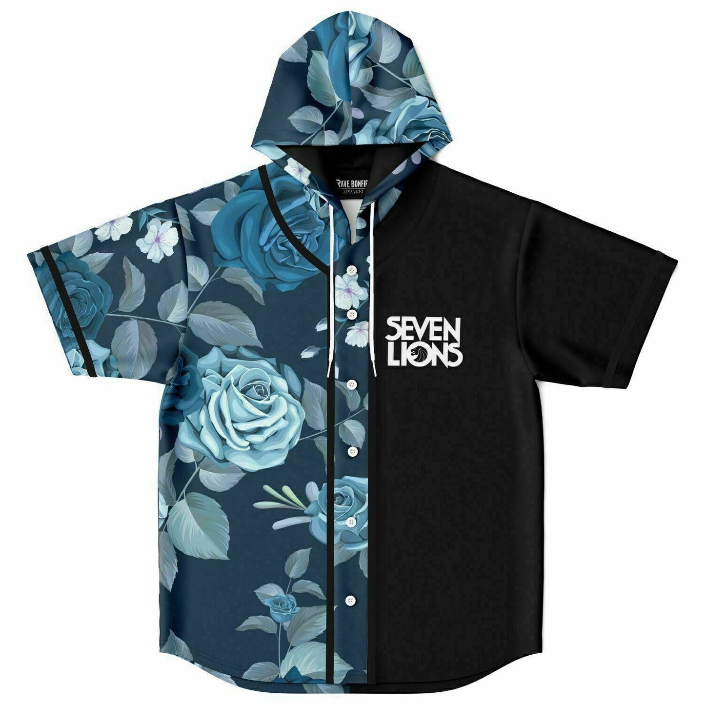 Seven Lions Black Blue Roses Rave Hooded Baseball Jersey