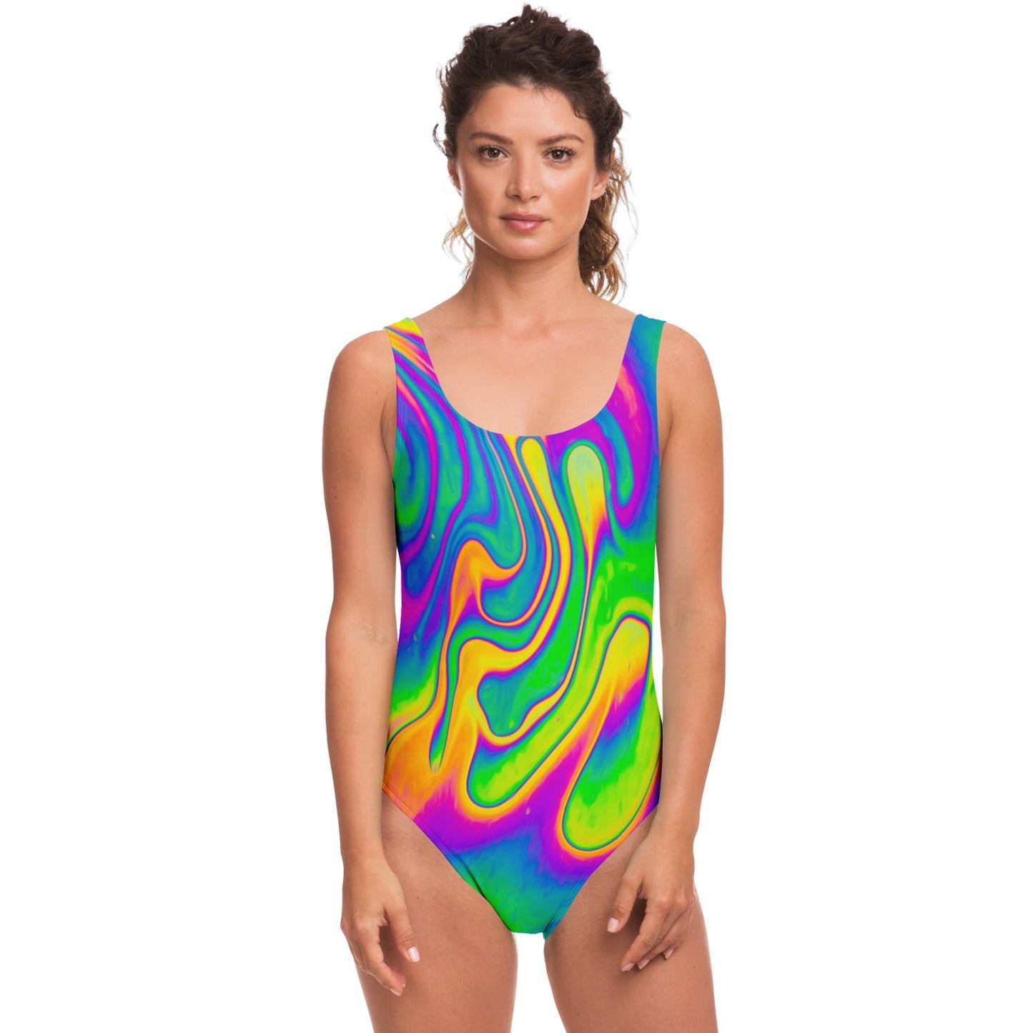 Rainbow Swirl Liquid Marbled Rave Swimsuit