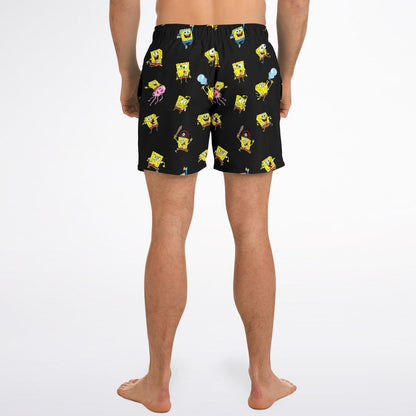 Black Repeating Cartoon Rave Swim Trunks