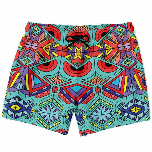 Turquoise Symmetrical Kaleidoscopic Rave Swim Trunks