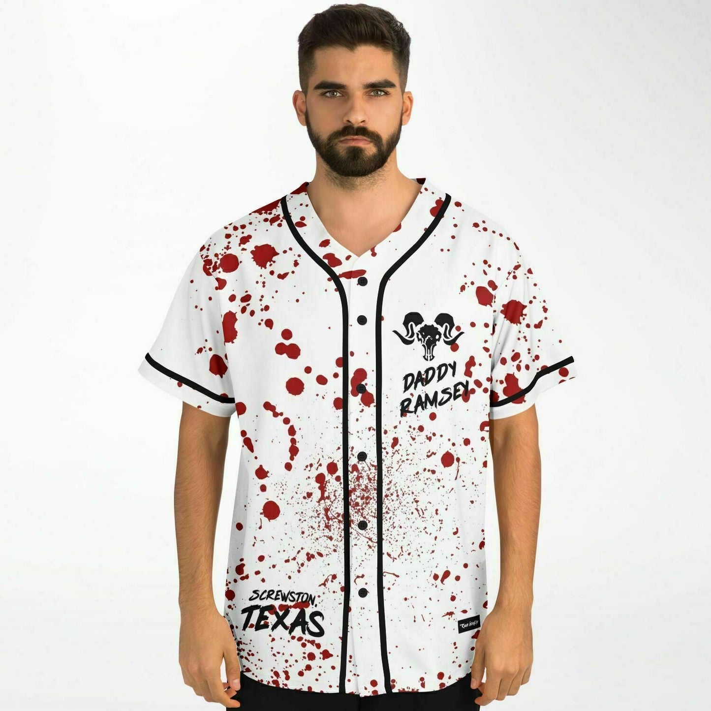 Daddy Ramsey White Blood Spatter Rave Baseball Jersey