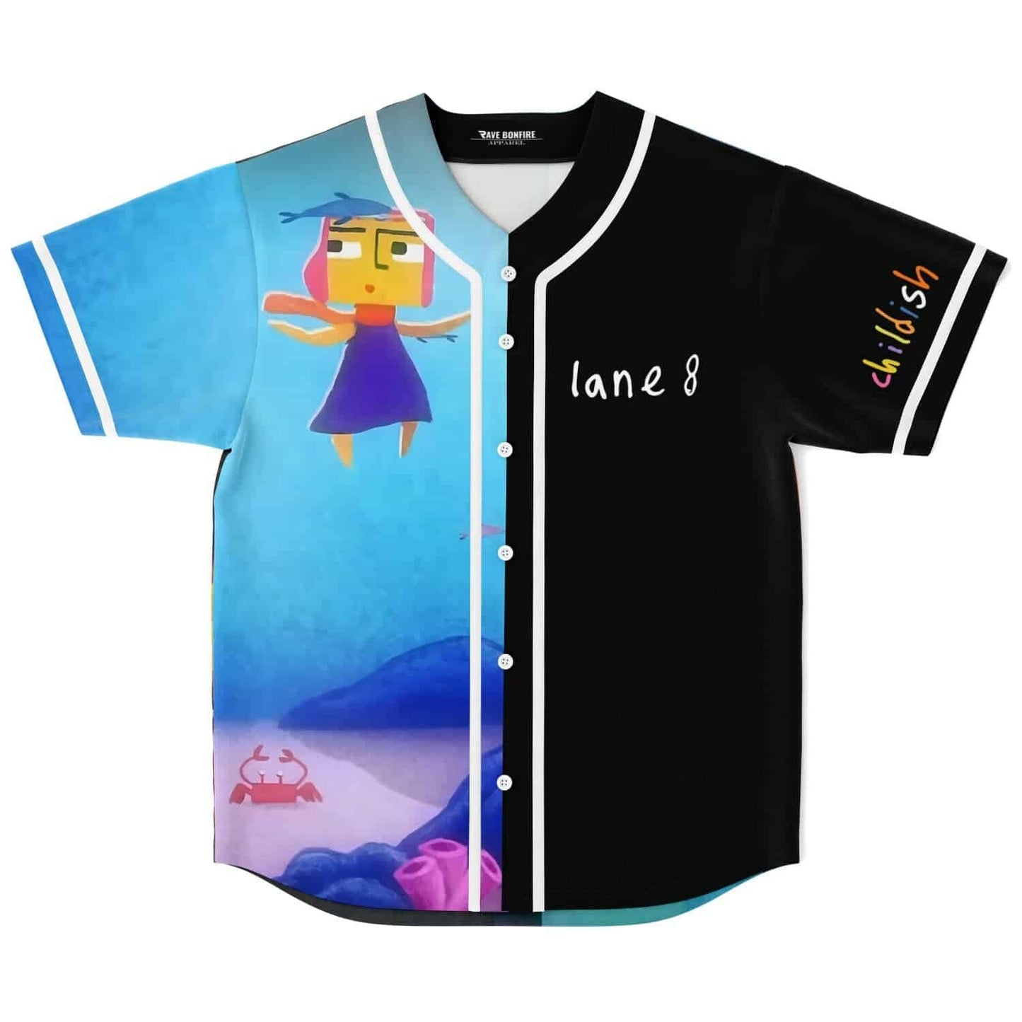 Lane 8 Half Black Illustrated Cartoon Rave Baseball Jersey